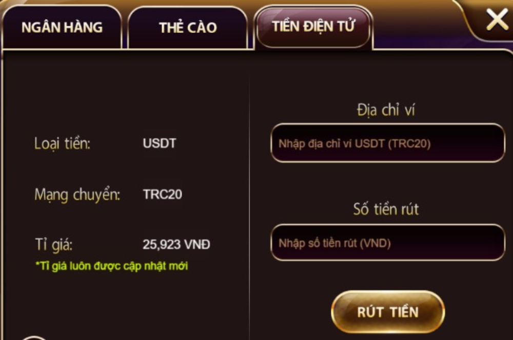 Sử dụng rút tiền qua USDT qua các ví ảo như Binance